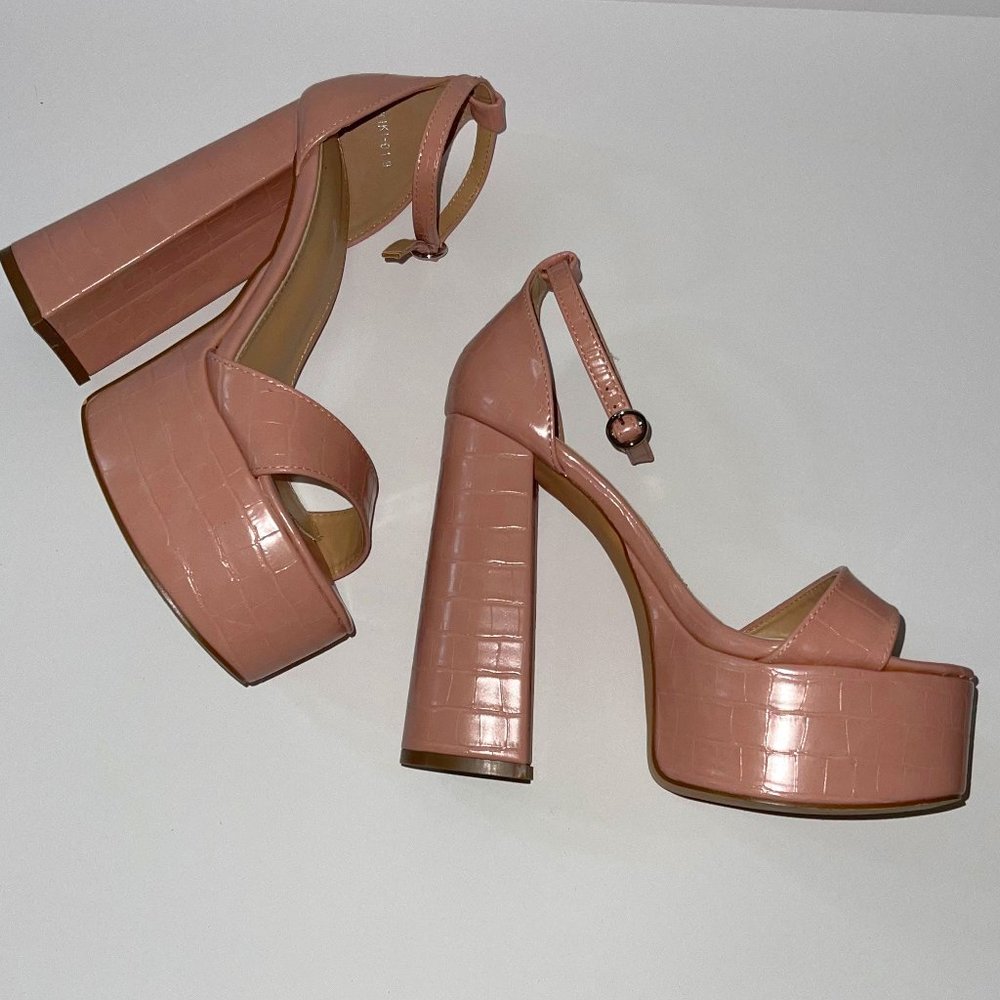 Pink Open Toe Platform Block Heels